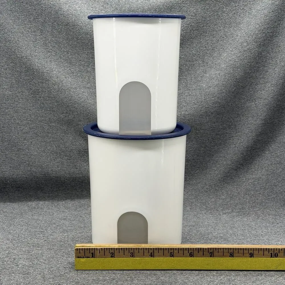 2pc Tupperware White Canisters Blue One Touch Lids Nesting Reminder Window USA
